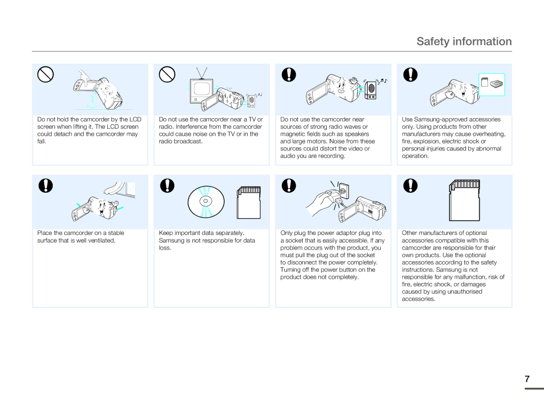 Samsung SMX-F70BP/XIL, SMX-F70BP/EDC, SMX-F700BP/EDC, SMX-F70SP/EDC, SMX-F700BP/XSV, SMX-F70BP/XEK manual Safety information 