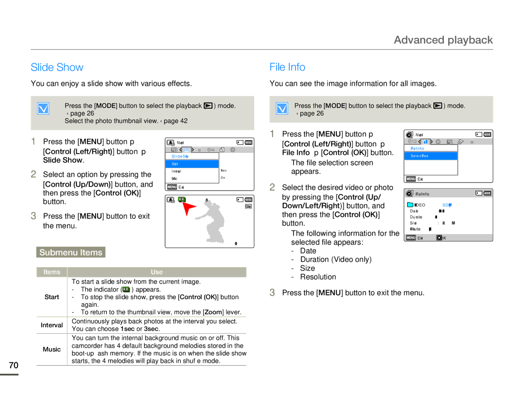 Samsung SMX-F70BP/XIL, SMX-F70BP/EDC, SMX-F700BP/EDC, SMX-F70SP/EDC, SMX-F700BP/XSV, SMX-F70BP/XEK manual Slide Show File Info 