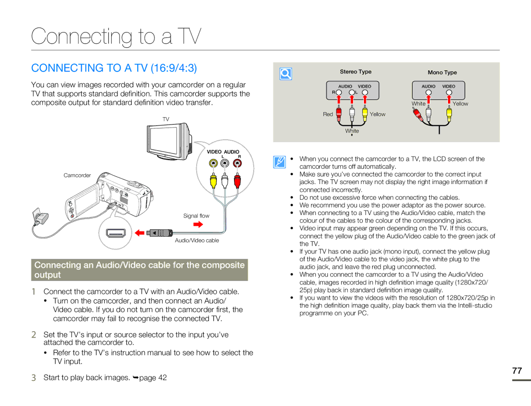 Samsung SMX-F700BP/XER manual Connecting to a TV 169/43, Connecting an Audio/Video cable for the composite Output 