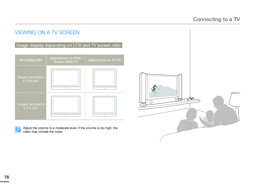 Samsung SMX-F70BP/XER manual Connecting to a TV, Viewing on a TV Screen, Image display depending on LCD and TV screen ratio 