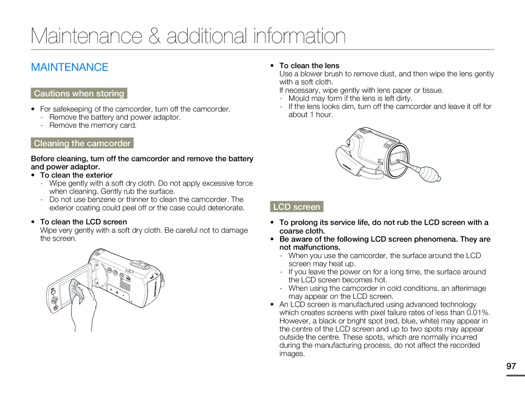 Samsung SMX-F70BP/XIL, SMX-F70BP/EDC manual Maintenance & additional information, Cleaning the camcorder, LCD screen 