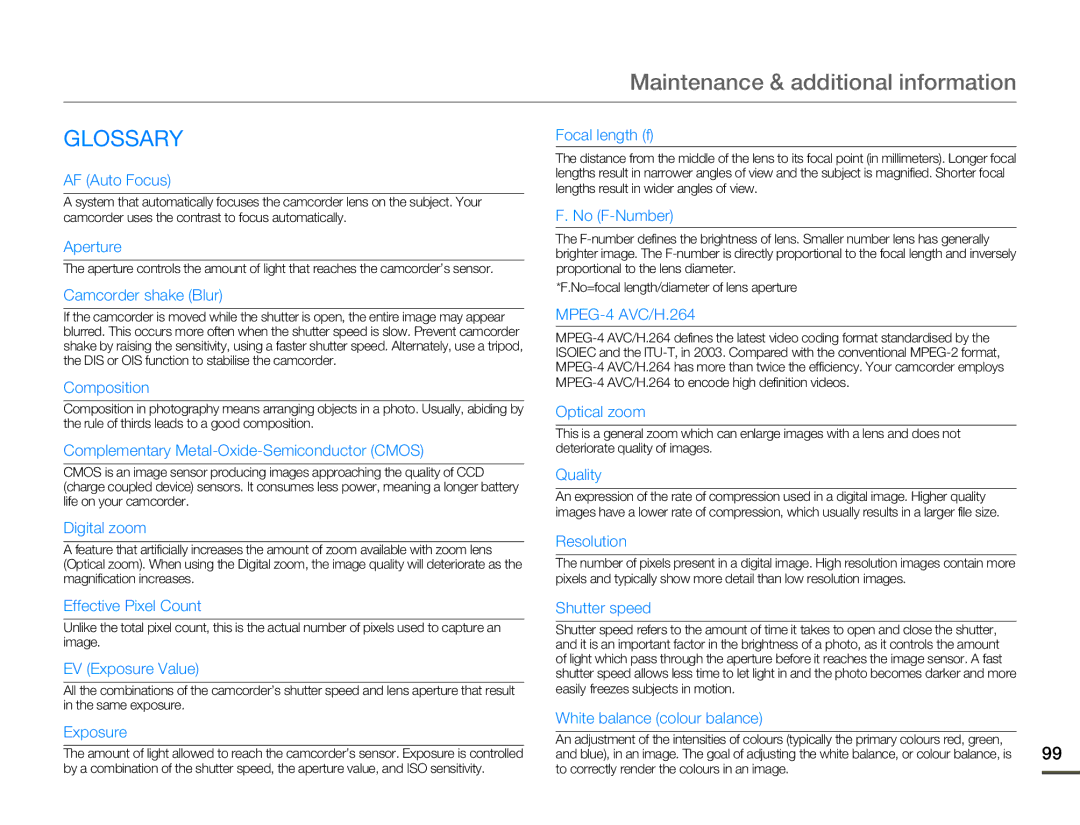 Samsung SMX-F70BP/EDC, SMX-F700BP/EDC, SMX-F70SP/EDC, SMX-F700BP/XSV, SMX-F70BP/XEK, SMX-F700BP/XER, SMX-F70BP/XER Glossary 