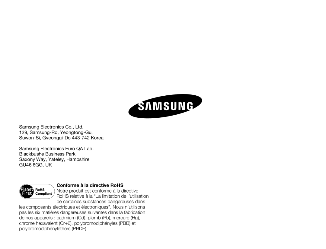 Samsung SMX-F70BP/EDC, SMX-F700BP/EDC manual Conforme à la directive RoHS 