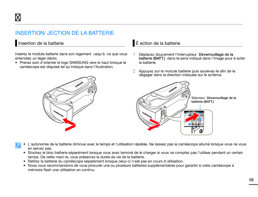 Samsung SMX-F700BP/EDC Préparatifs, INSERTION/ÉJECTION DE LA Batterie, Insertion de la batterie, Éjection de la batterie 