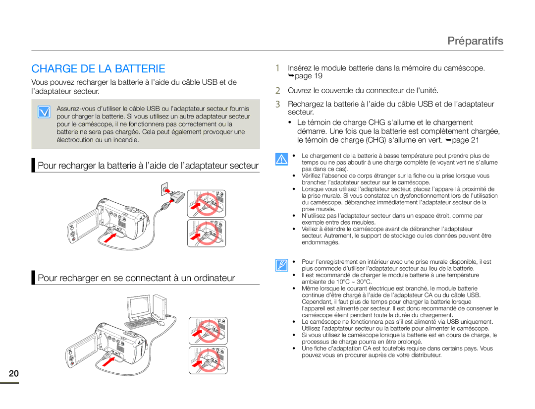 Samsung SMX-F70BP/EDC, SMX-F700BP/EDC manual Préparatifs, Charge DE LA Batterie 