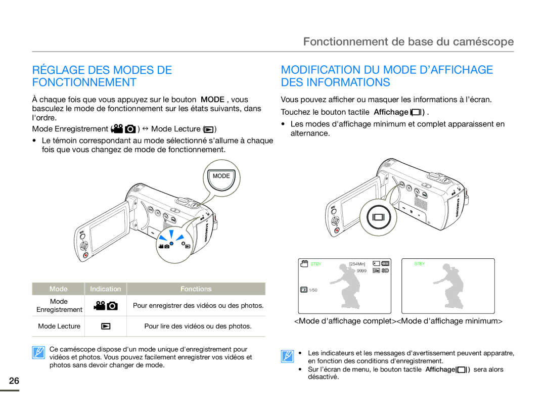 Samsung SMX-F70BP/EDC manual Réglage DES Modes DE Fonctionnement, Modification DU Mode D’AFFICHAGE DES Informations 