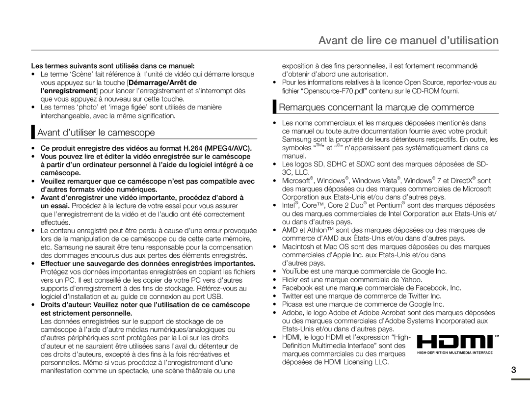 Samsung SMX-F700BP/EDC, SMX-F70BP/EDC Avant de lire ce manuel d’utilisation, Avant d’utiliser le camescope, ’autres pays 