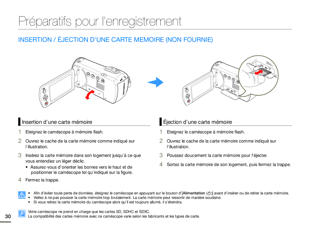 Samsung SMX-F70BP/EDC manual Préparatifs pour l’enregistrement, Insertion / Éjection Dune Carte Memoire NON Fournie 