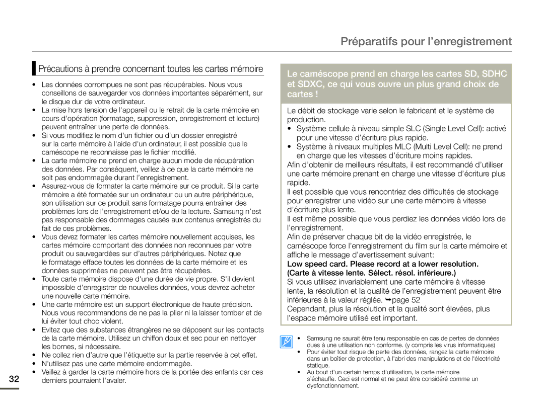 Samsung SMX-F70BP/EDC manual Précautions à prendre concernant toutes les cartes mémoire, Derniers pourraient lavaler 