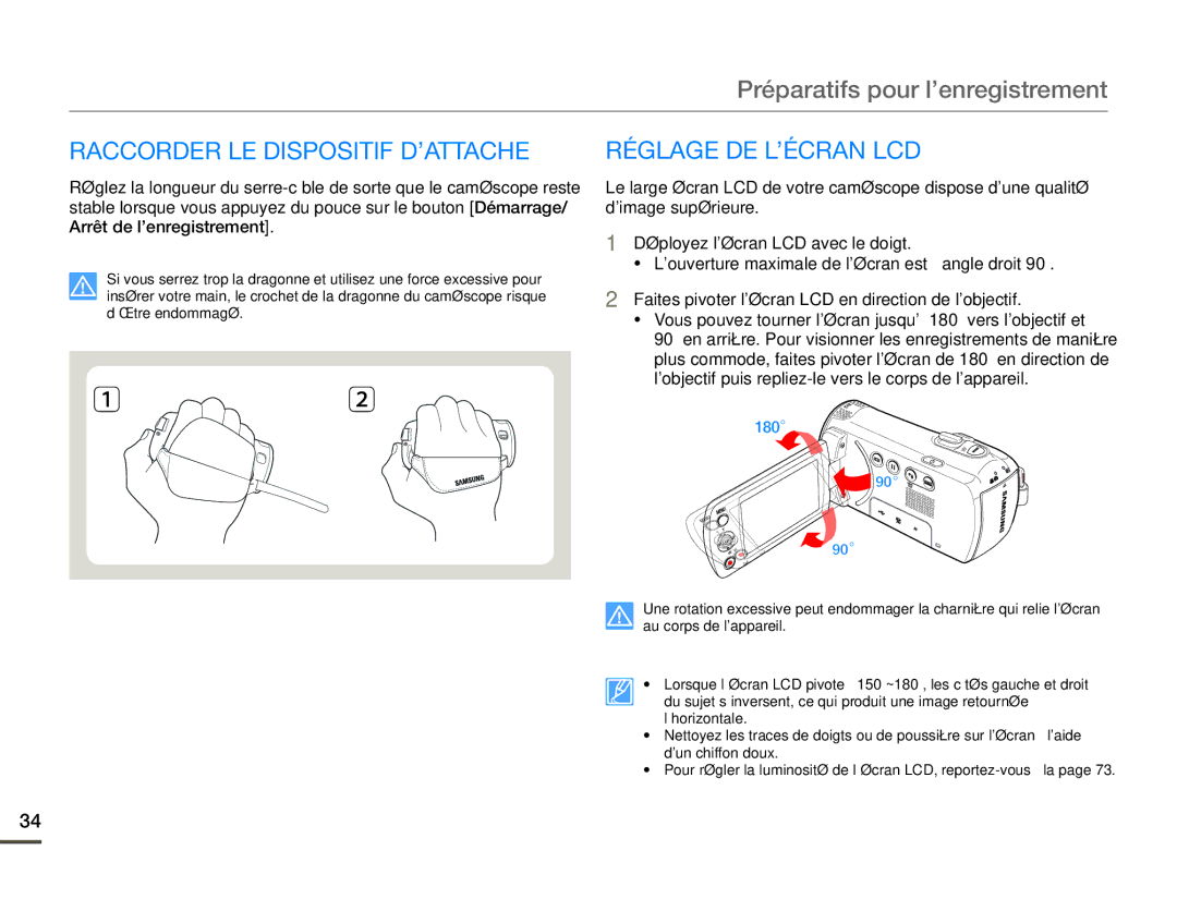 Samsung SMX-F70BP/EDC, SMX-F700BP/EDC manual Raccorder LE Dispositif D’ATTACHE, Réglage DE L’ÉCRAN LCD 