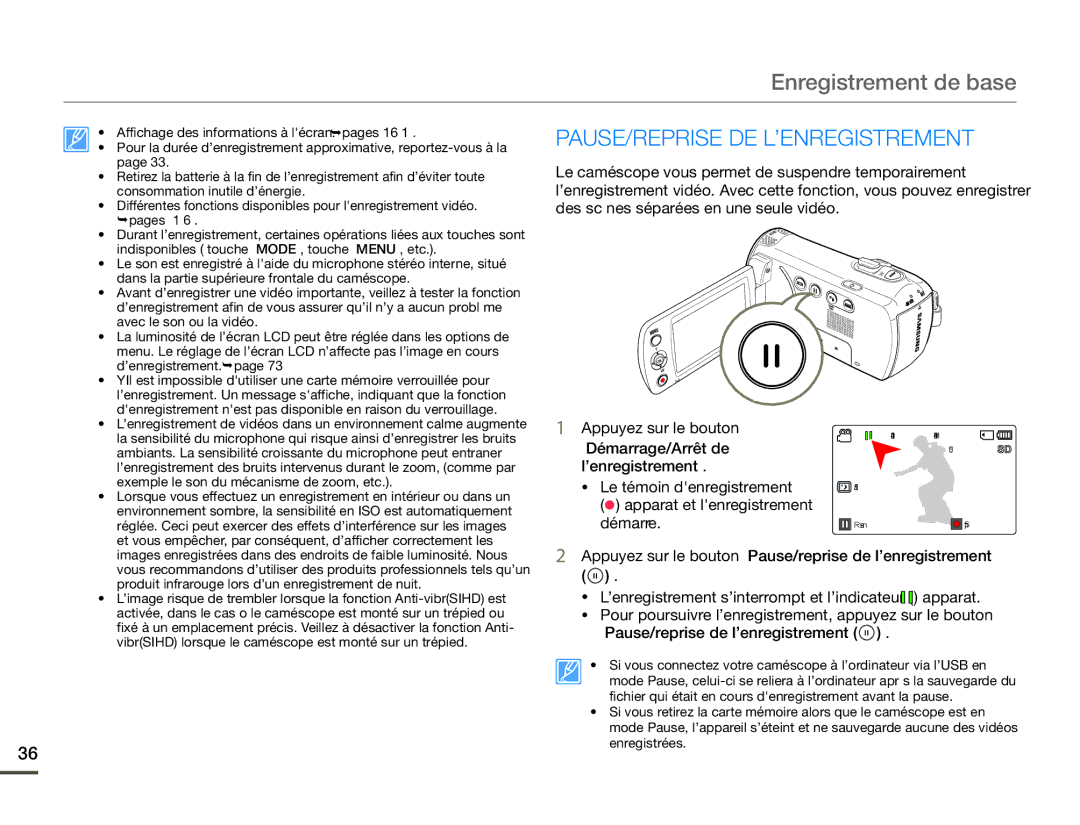 Samsung SMX-F70BP/EDC, SMX-F700BP/EDC manual Enregistrement de base, Pause/Reprise De L’Enregistrement 