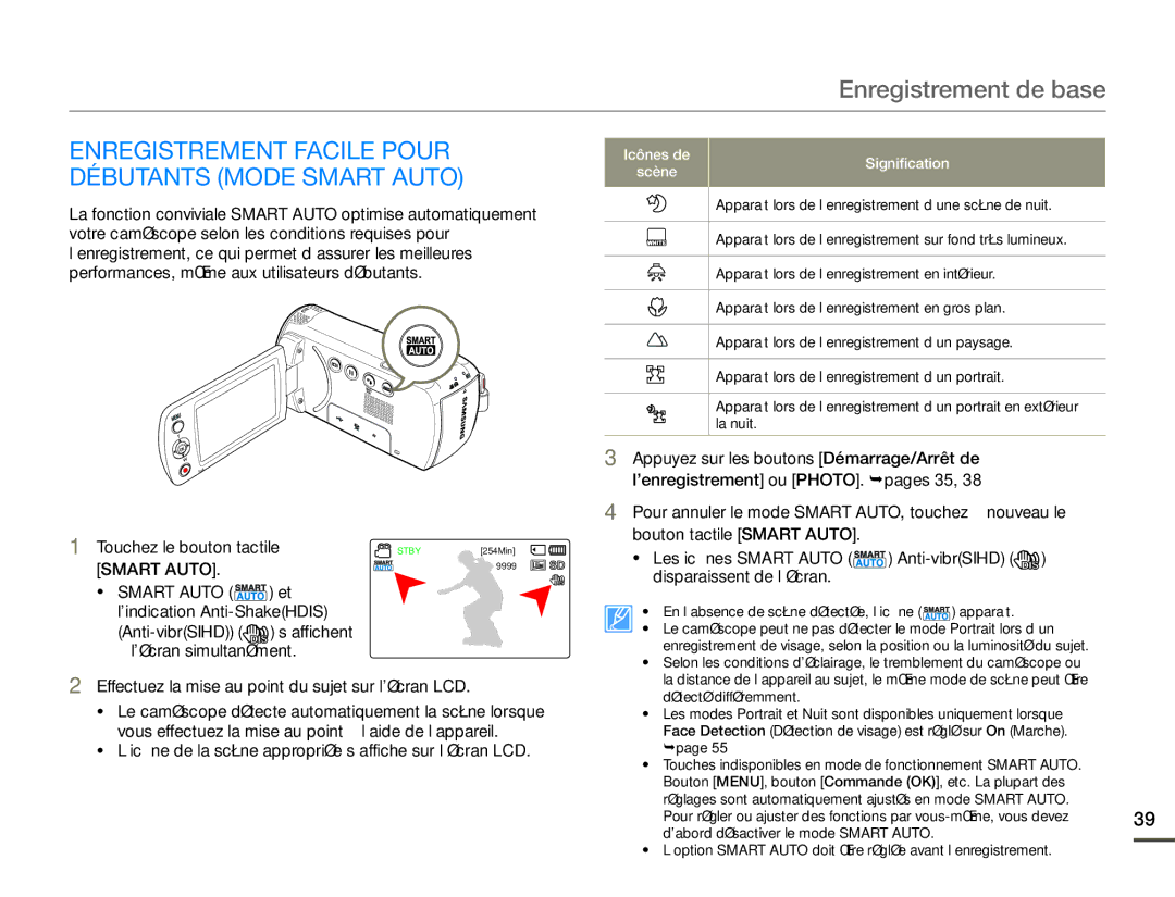 Samsung SMX-F700BP/EDC, SMX-F70BP/EDC manual Enregistrement Facile Pour Débutants Mode Smart Auto, Touchez le bouton tactile 