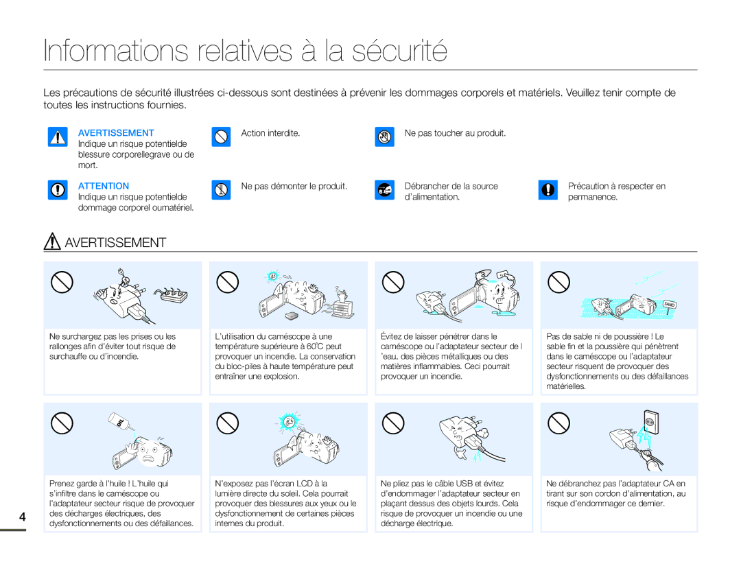 Samsung SMX-F70BP/EDC, SMX-F700BP/EDC manual Informations relatives à la sécurité, Avertissement 