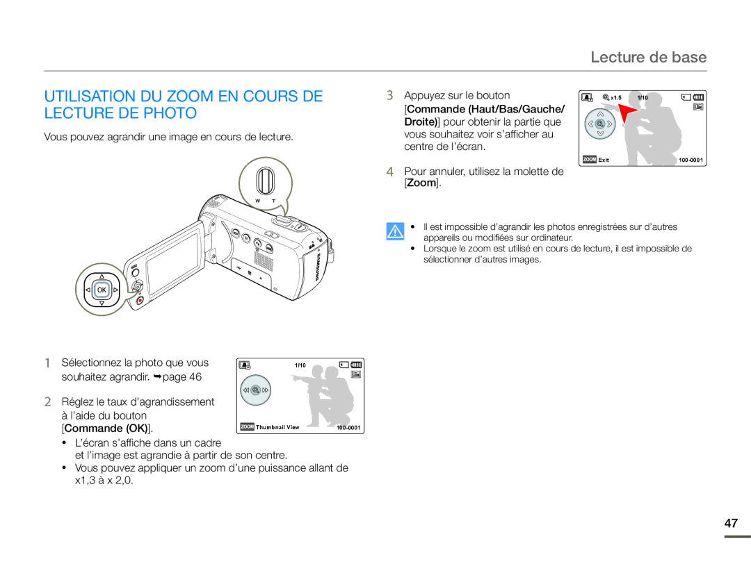 Samsung SMX-F700BP/EDC manual Utilisation DU Zoom EN Cours DE Lecture DE Photo, Pour annuler, utilisez la molette de Zoom 