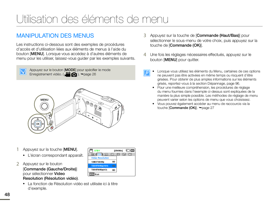 Samsung SMX-F70BP/EDC, SMX-F700BP/EDC manual Utilisation des éléments de menu, Manipulation DES Menus 