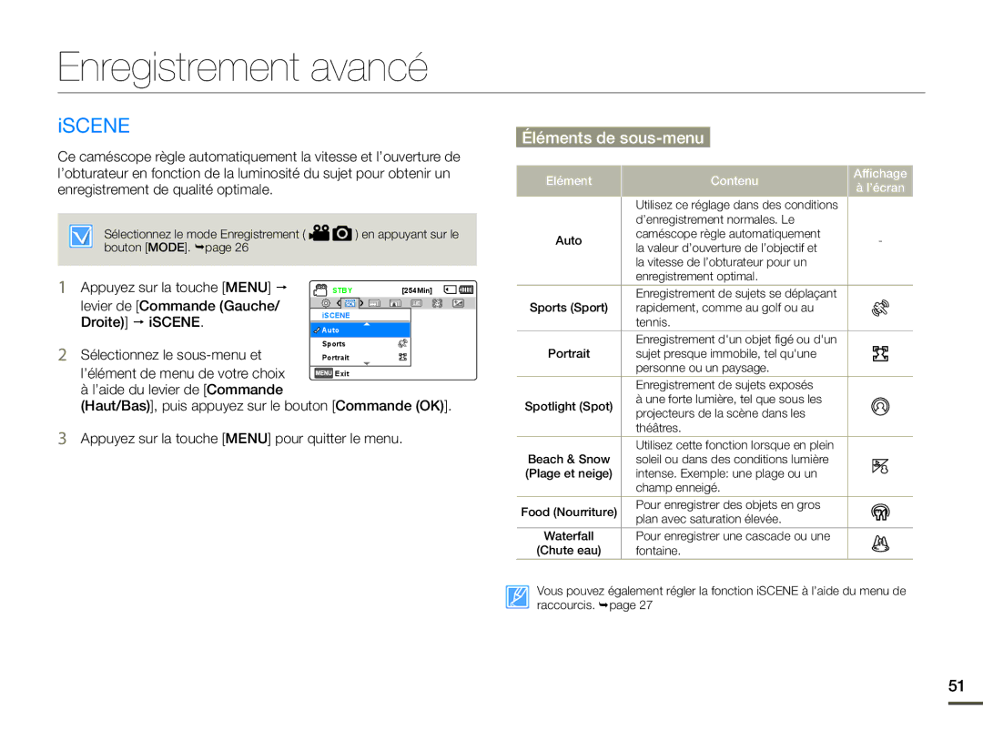 Samsung SMX-F700BP/EDC, SMX-F70BP/EDC manual Enregistrement avancé, Iscene 