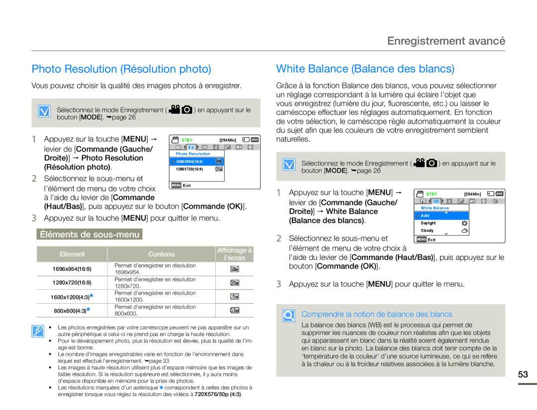 Samsung SMX-F700BP/EDC, SMX-F70BP/EDC manual Photo Resolution Résolution photo, White Balance Balance des blancs, Naturelles 