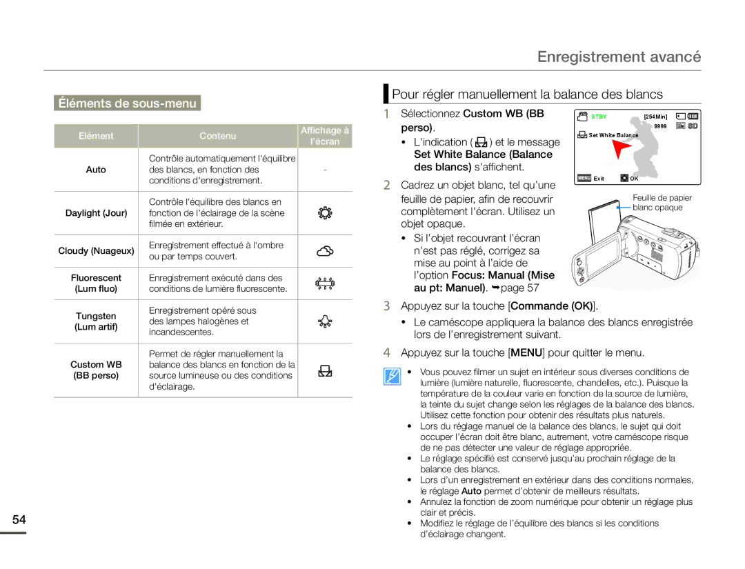 Samsung SMX-F70BP/EDC, SMX-F700BP/EDC manual Pour régler manuellement la balance des blancs, Sélectionnez Custom WB BB perso 