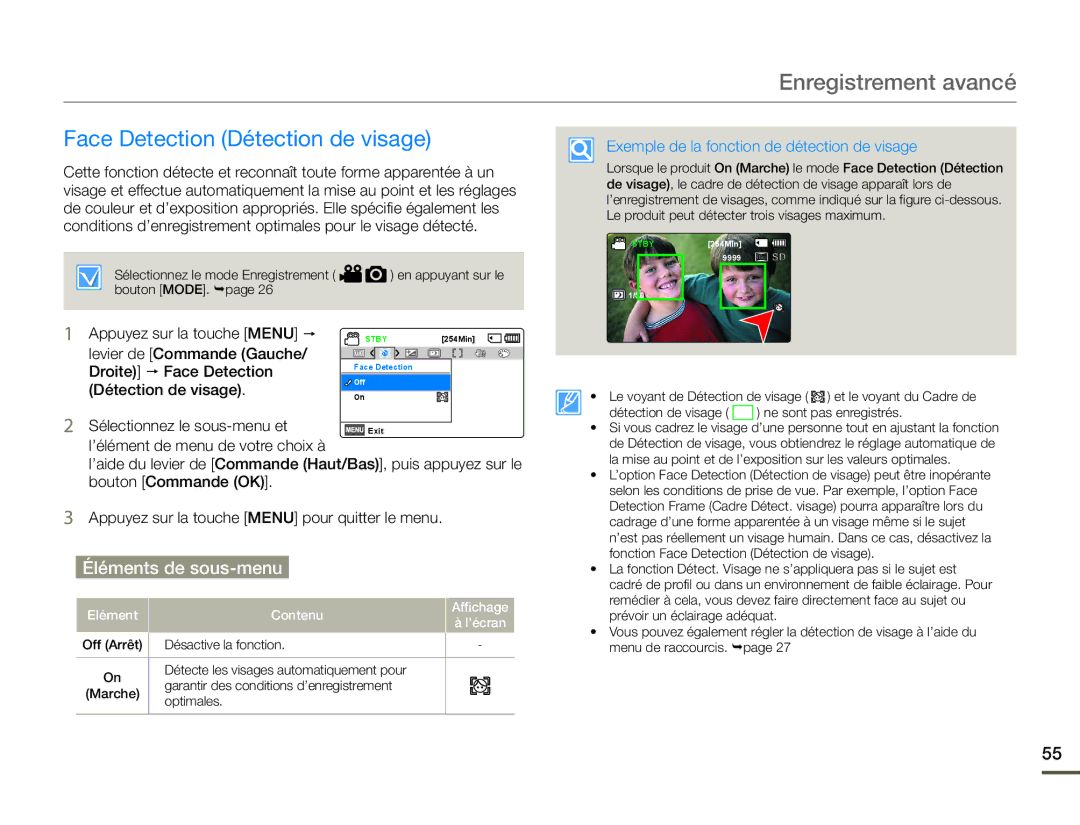 Samsung SMX-F700BP/EDC, SMX-F70BP/EDC Face Detection Détection de visage, Exemple de la fonction de détection de visage 