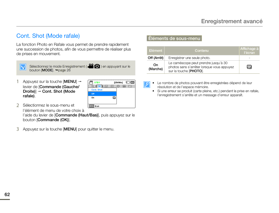 Samsung SMX-F70BP/EDC, SMX-F700BP/EDC manual Cont. Shot Mode rafale, Elément Contenu Affichage à ’écran 