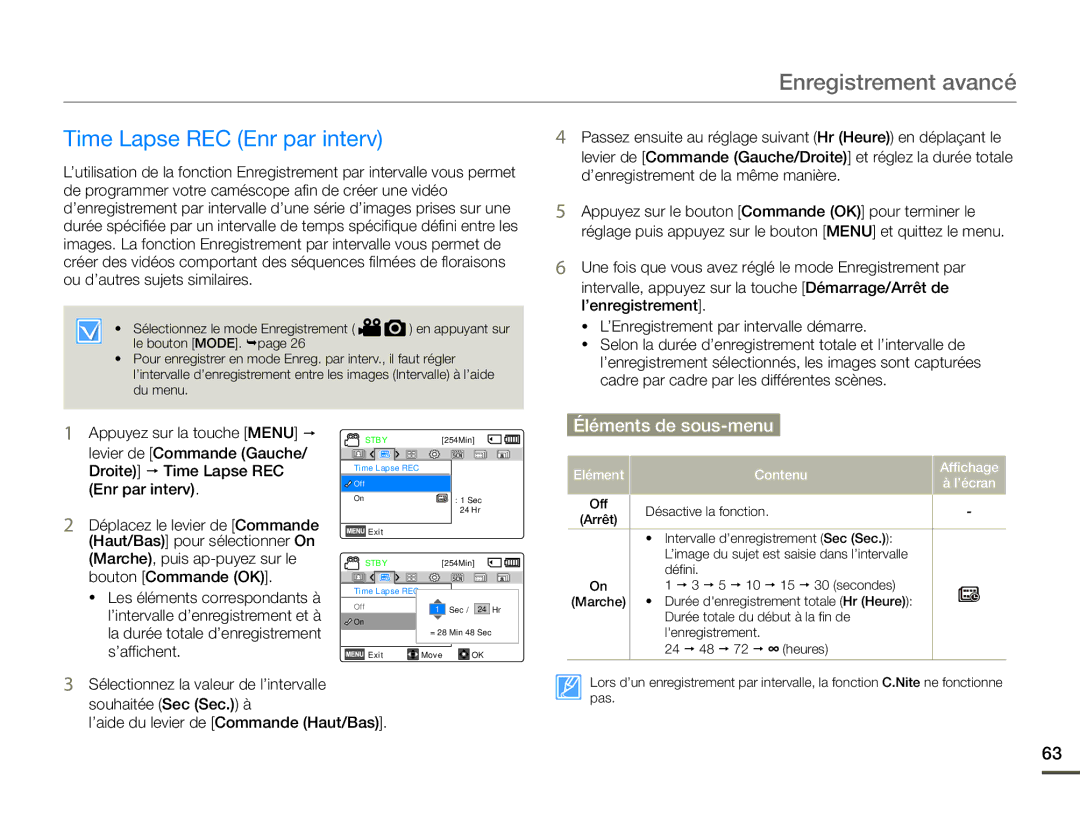 Samsung SMX-F700BP/EDC, SMX-F70BP/EDC manual Time Lapse REC Enr par interv, Elément Contenu Affichage ’écran 