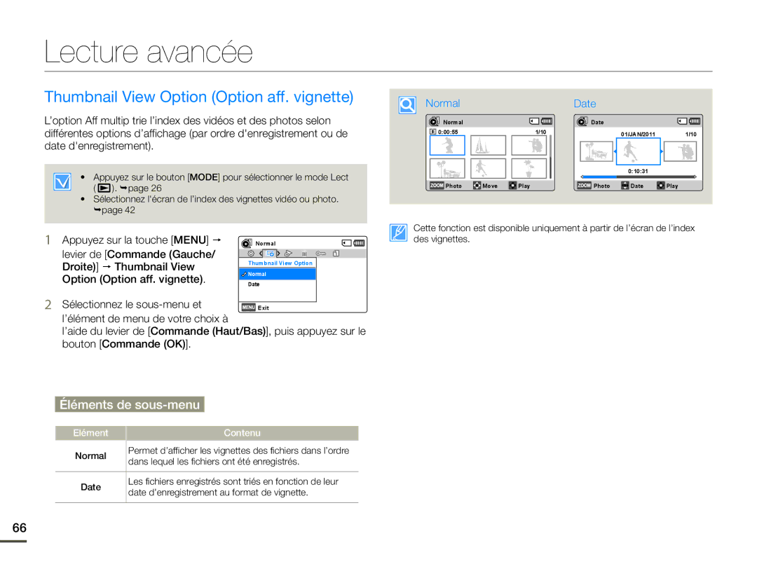 Samsung SMX-F70BP/EDC, SMX-F700BP/EDC manual Lecture avancée, Thumbnail View Option Option aff. vignette 