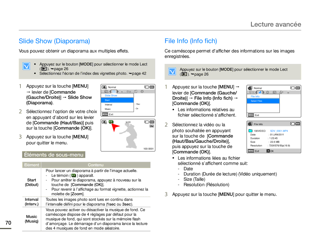 Samsung SMX-F70BP/EDC Slide Show Diaporama File Info Info fich, Vous pouvez obtenir un diaporama aux multiples effets 