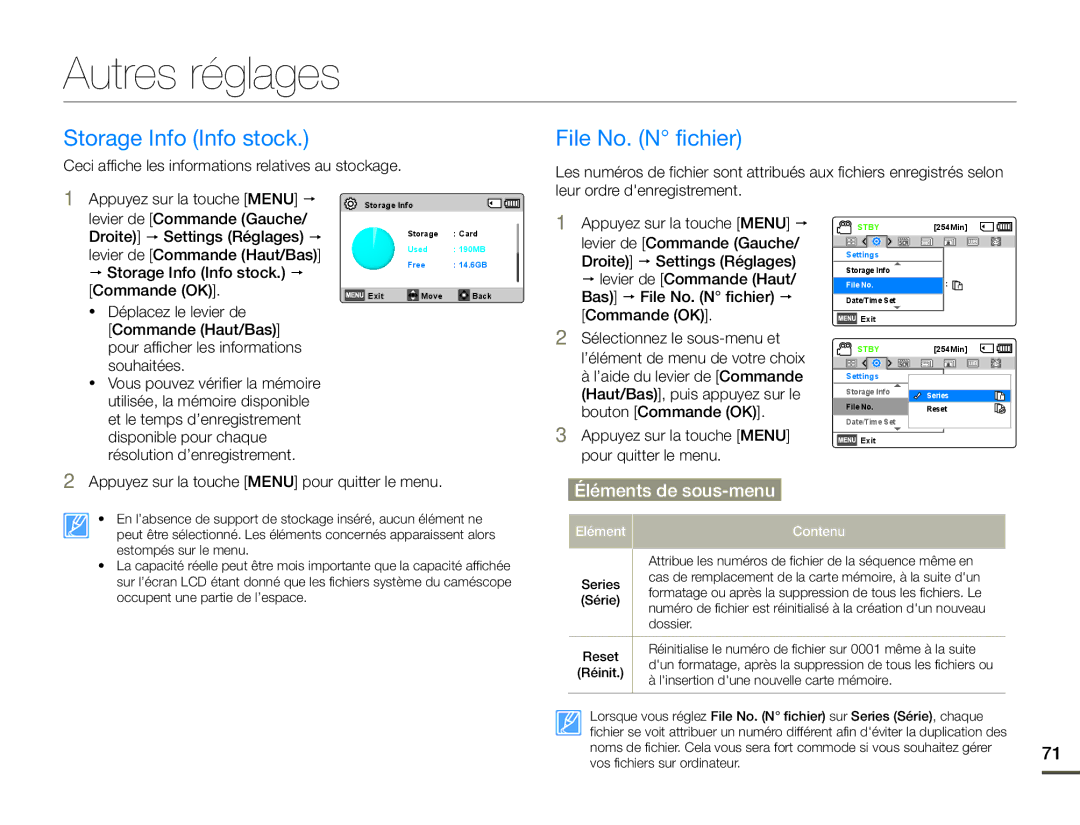 Samsung SMX-F700BP/EDC, SMX-F70BP/EDC manual Autres réglages, Storage Info Info stock, File No. N fichier 