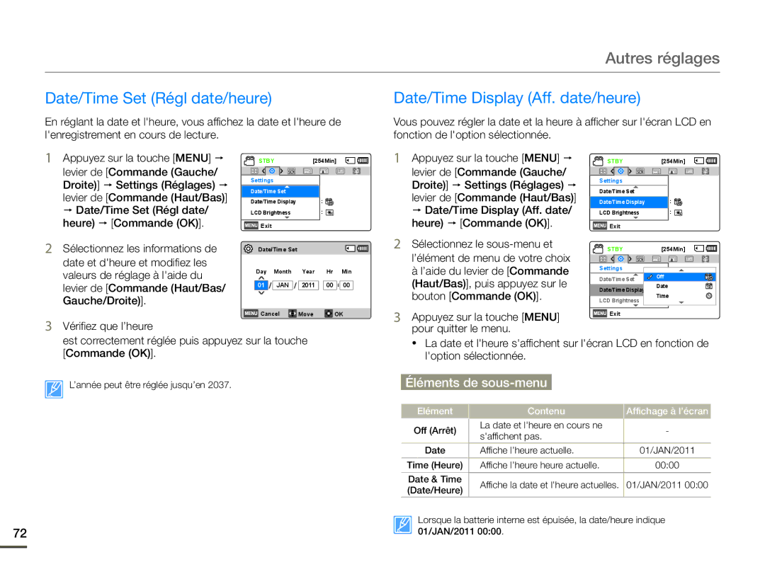 Samsung SMX-F70BP/EDC, SMX-F700BP/EDC Autres réglages, Date/Time Set Régl date/heure, Date/Time Display Aff. date/heure 