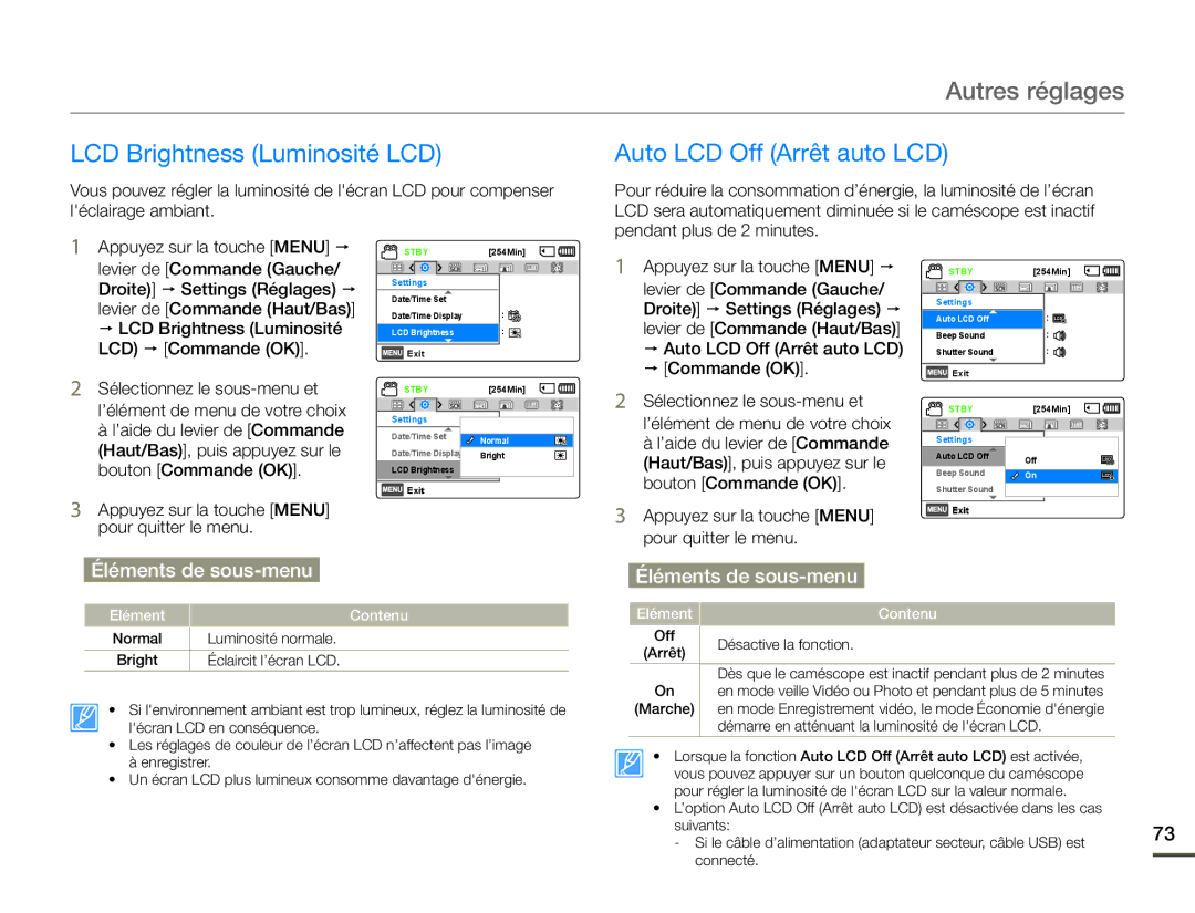Samsung SMX-F700BP/EDC, SMX-F70BP/EDC manual LCD Brightness Luminosité LCD, Auto LCD Off Arrêt auto LCD 