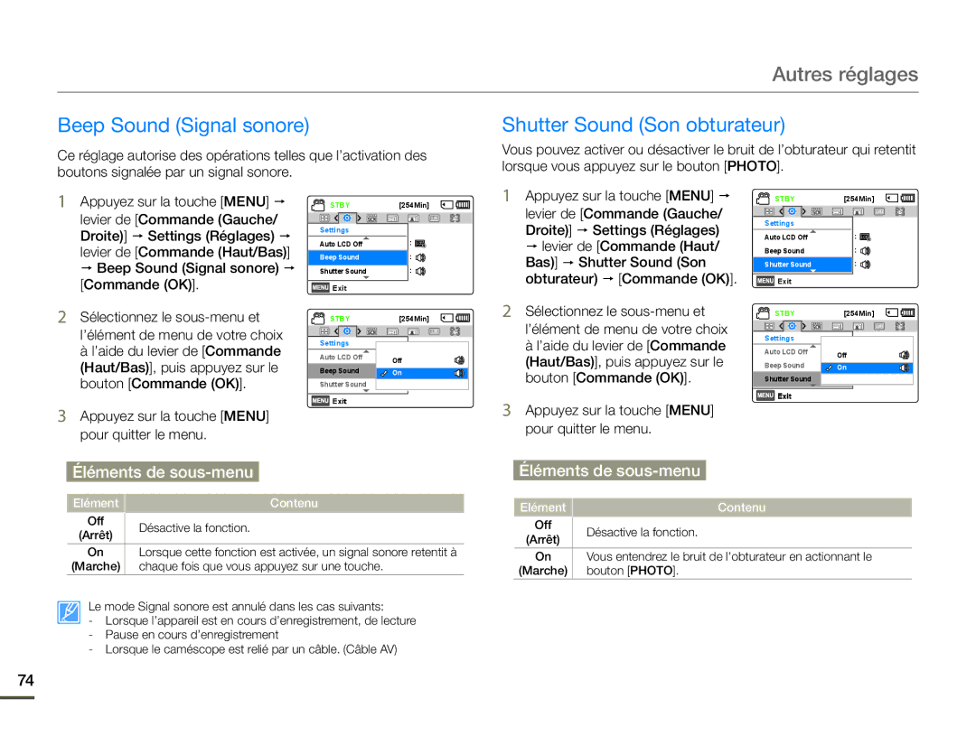 Samsung SMX-F70BP/EDC, SMX-F700BP/EDC manual Beep Sound Signal sonore, Shutter Sound Son obturateur 