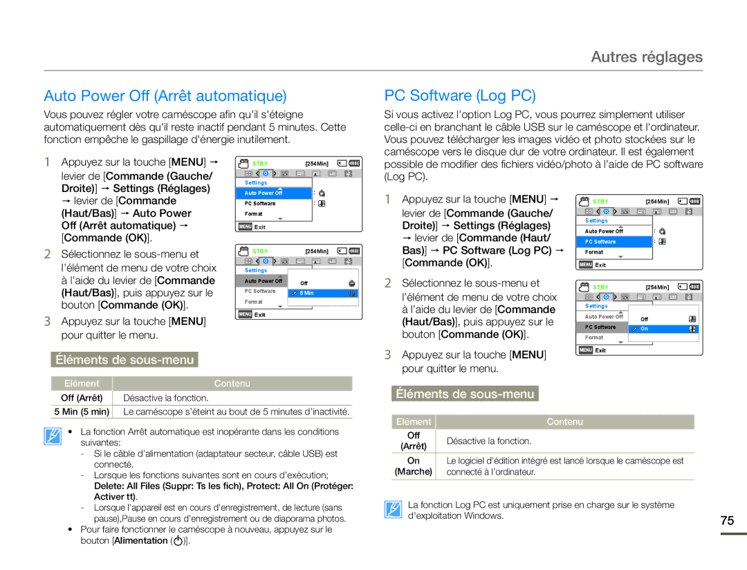 Samsung SMX-F700BP/EDC, SMX-F70BP/EDC manual Auto Power Off Arrêt automatique PC Software Log PC, Droite p Settings Réglages 