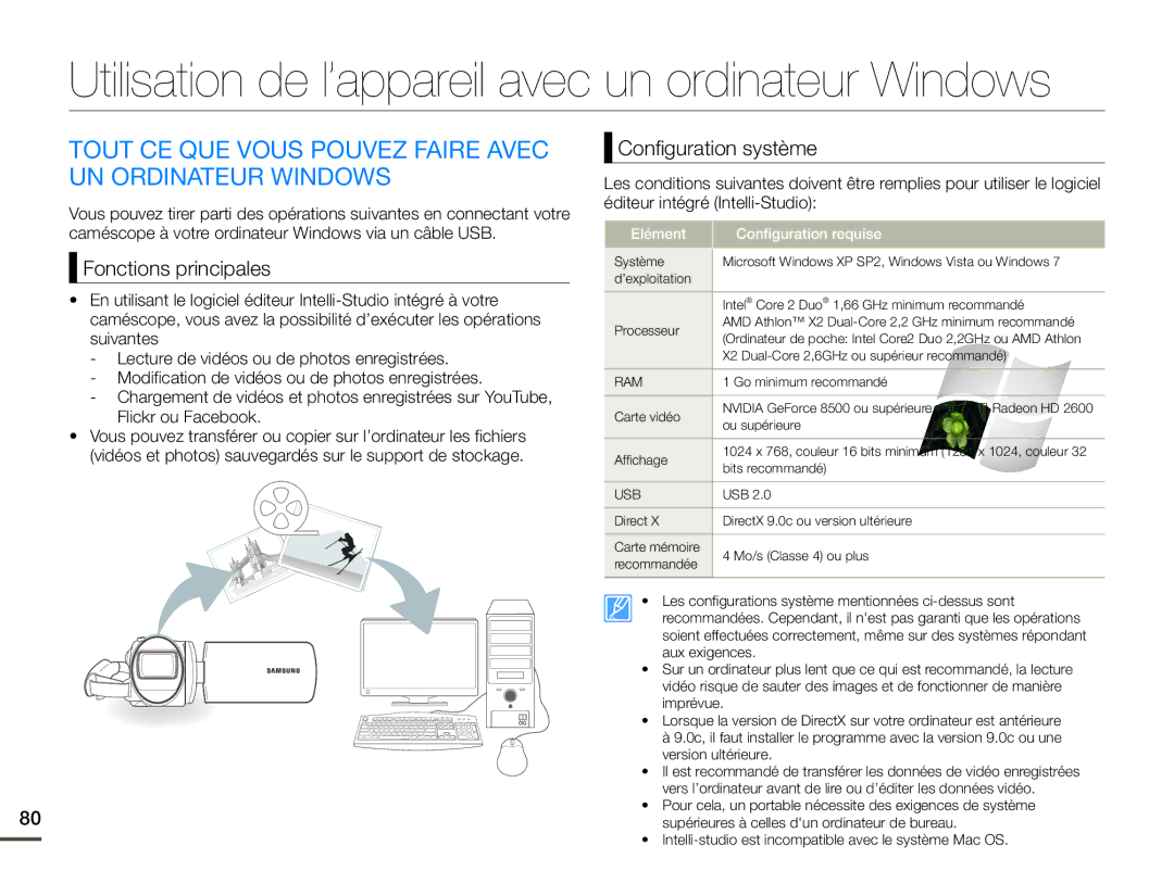 Samsung SMX-F70BP/EDC, SMX-F700BP/EDC manual Tout CE QUE Vous Pouvez Faire Avec UN Ordinateur Windows, Fonctions principales 