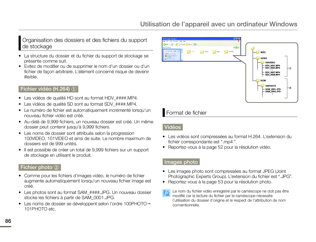 Samsung SMX-F70BP/EDC, SMX-F700BP/EDC manual Fichier vidéo H.264 ①, Fichier photo ②, Format de fichier, Vidéos, Images photo 