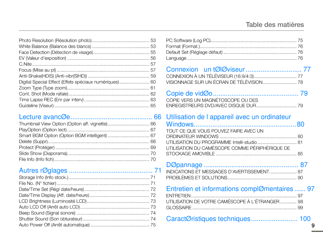 Samsung SMX-F700BP/EDC, SMX-F70BP/EDC manual Table des matières, Utilisation de l’appareil avec un ordinateur, 100 