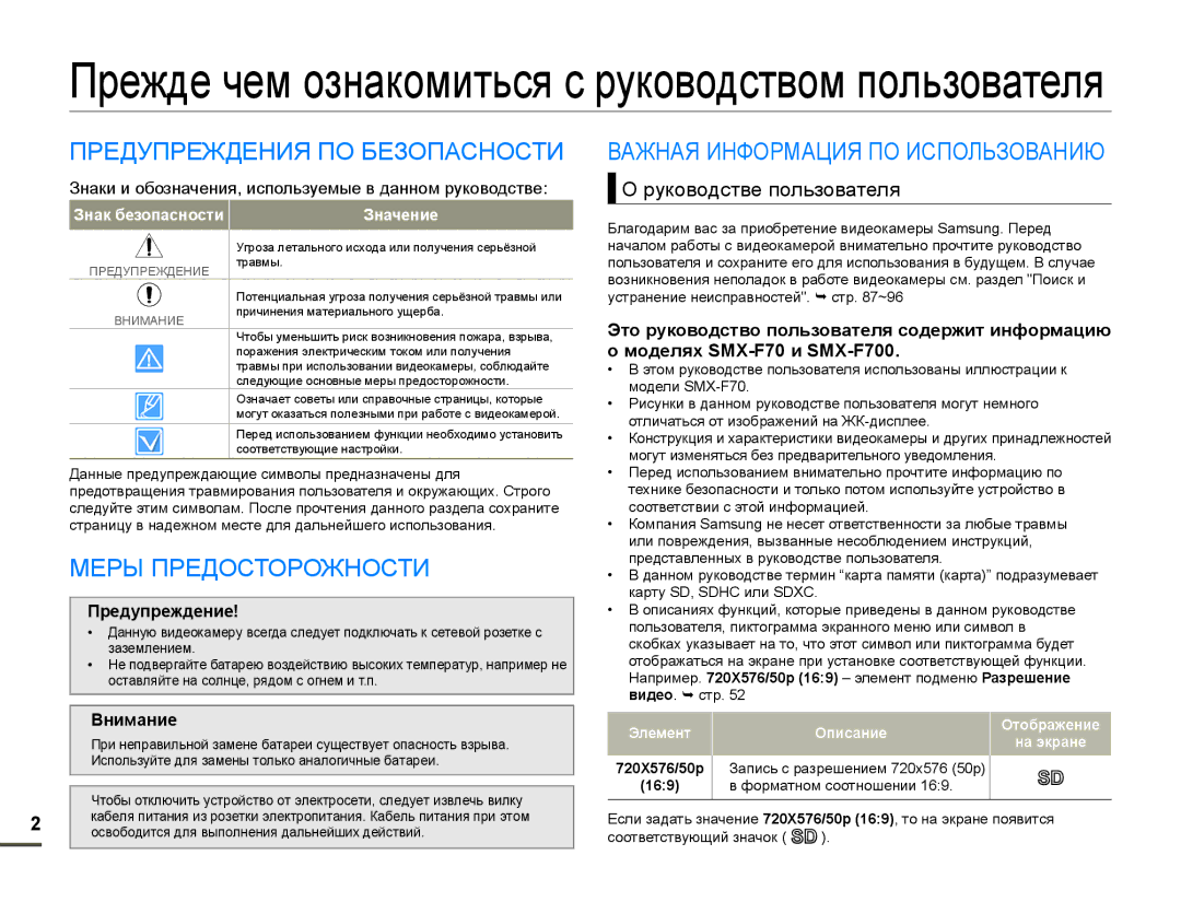 Samsung SMX-F700BP/XER, SMX-F70BP/EDC Ɉɪɟɠɞɟɱɟɦɨɡɧɚɤɨɦɢɬɶɫɹɫɪɭɤɨɜɨɞɫɬɜɨɦɩɨɥɶɡɨɜɚɬɟɥɹ, ɈɊȿȾɍɉɊȿɀȾȿɇɂəɉɈȻȿɁɈɉȺɋɇɈɋɌɂ 