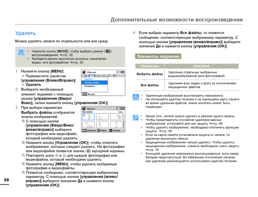 Samsung SMX-F70BP/EDC, SMX-F70BP/XEK manual Ɍɞɚɥɢɬɶ, ɭпɪɚвлɟния ȼлɟвɨ/ȼпɪɚвɨ @, Удɚлить, Ȼыбɪɚть фɚɣлы ɨɬɨɛɪɚɡɹɬɫɹ 