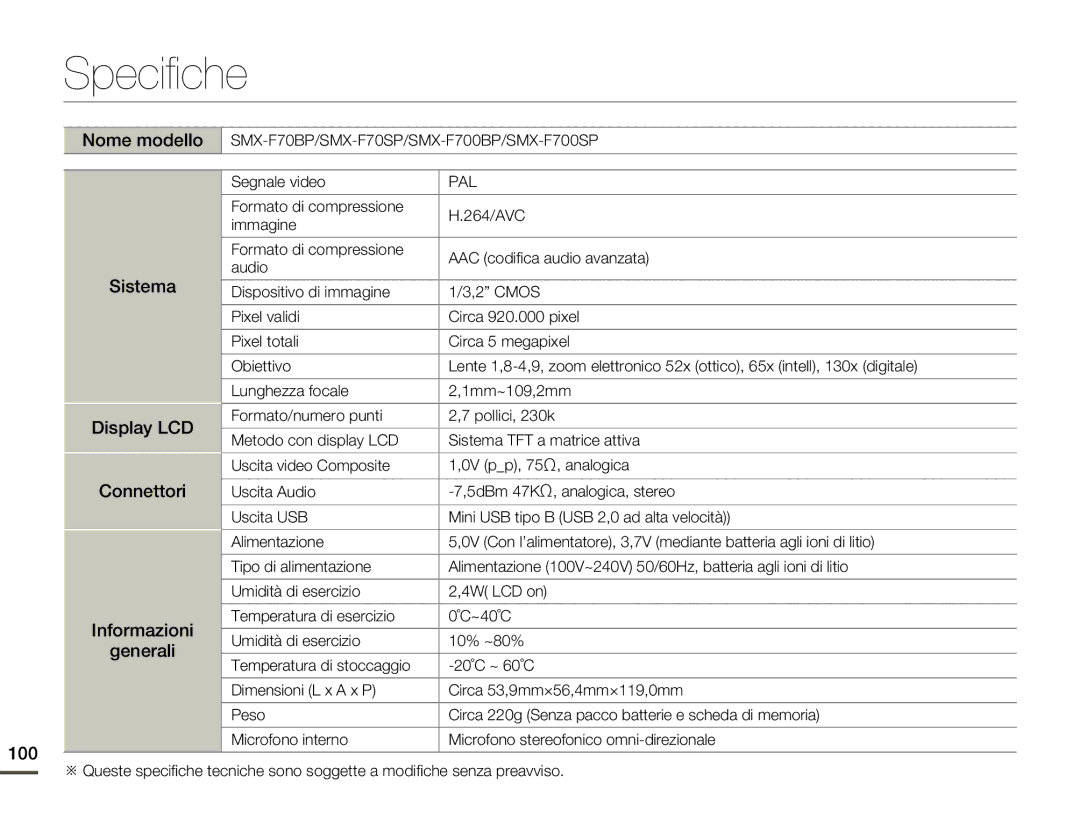 Samsung SMX-F70BP/EDC, SMX-F70SP/EDC manual Specifiche, Sistema Display LCD Connettori Informazioni Generali, Segnale video 