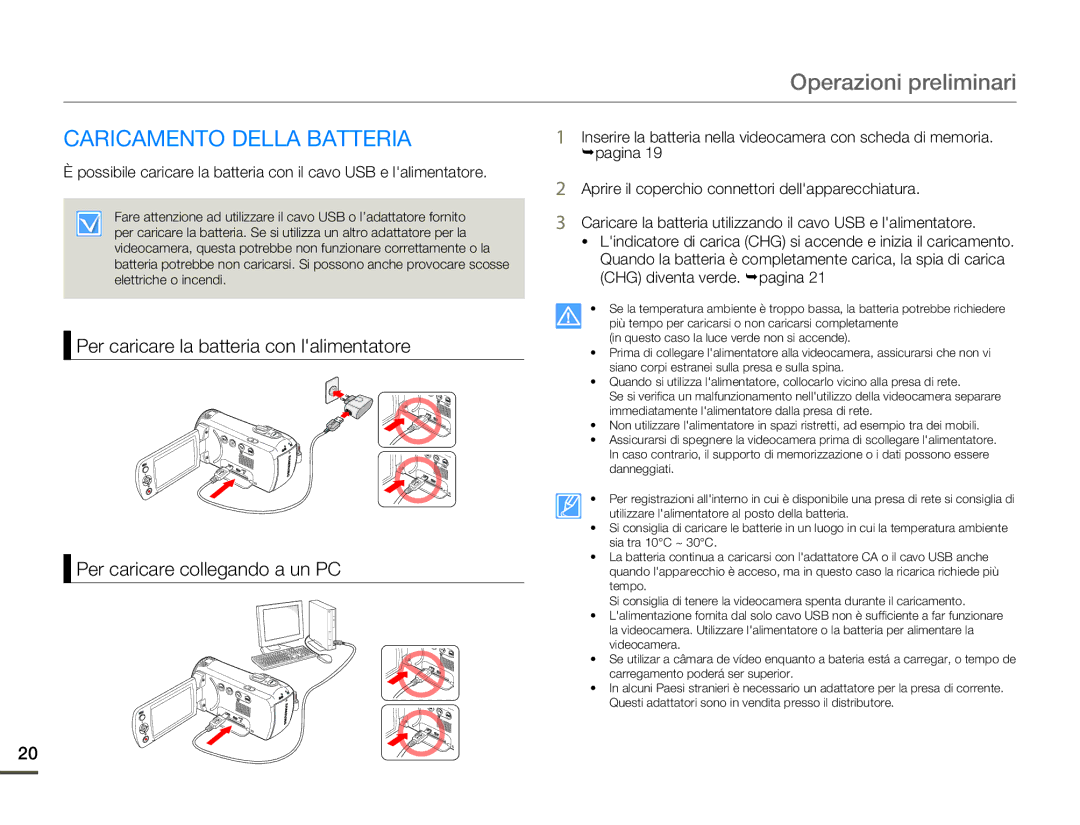 Samsung SMX-F70BP/EDC, SMX-F70SP/EDC manual Operazioni preliminari, Caricamento Della Batteria 