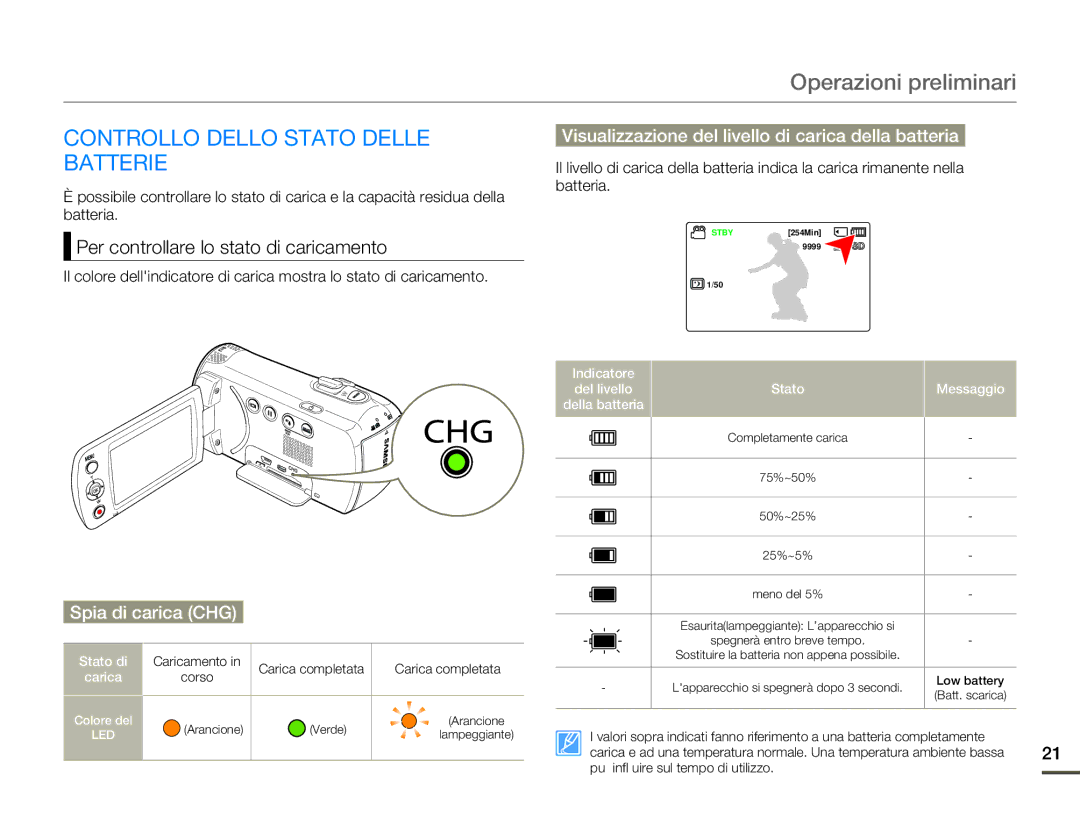 Samsung SMX-F70SP/EDC manual Controllo Dello Stato Delle Batterie, Visualizzazione del livello di carica della batteria 