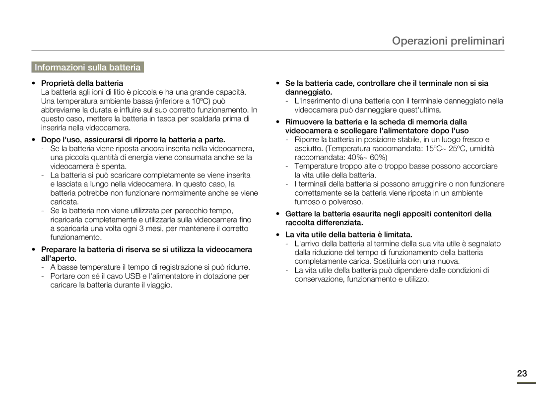 Samsung SMX-F70SP/EDC, SMX-F70BP/EDC manual Informazioni sulla batteria 