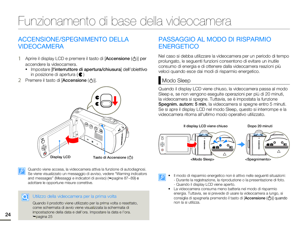 Samsung SMX-F70BP/EDC manual Funzionamento di base della videocamera, ACCENSIONE/SPEGNIMENTO Della Videocamera, Modo Sleep 