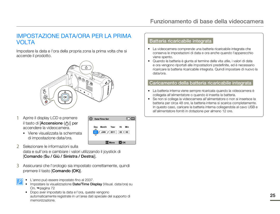 Samsung SMX-F70SP/EDC, SMX-F70BP/EDC Funzionamento di base della videocamera, Impostazione DATA/ORA PER LA Prima Volta 