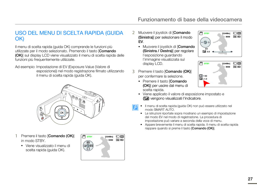 Samsung SMX-F70SP/EDC, SMX-F70BP/EDC manual USO DEL Menu DI Scelta Rapida Guida OK, Per confermare la selezione 