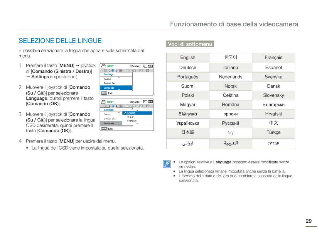 Samsung SMX-F70SP/EDC, SMX-F70BP/EDC manual Selezione Delle Lingue, Voci di sottomenu 