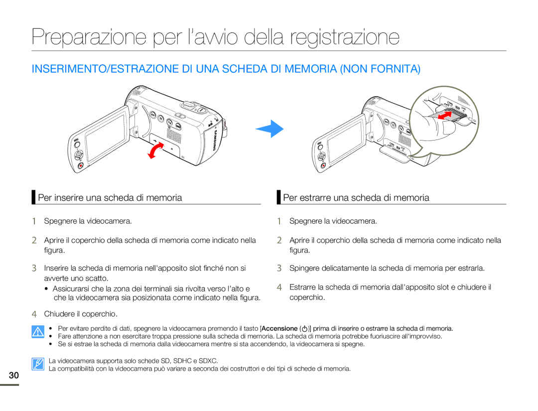 Samsung SMX-F70BP/EDC, SMX-F70SP/EDC manual Preparazione per l’avvio della registrazione, Per inserire una scheda di memoria 