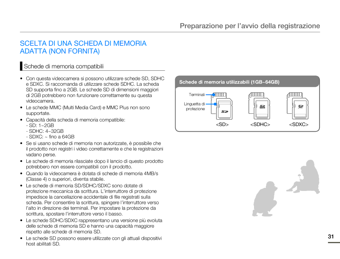 Samsung SMX-F70SP/EDC Preparazione per l’avvio della registrazione, Scelta DI UNA Scheda DI Memoria Adatta NON Fornita 