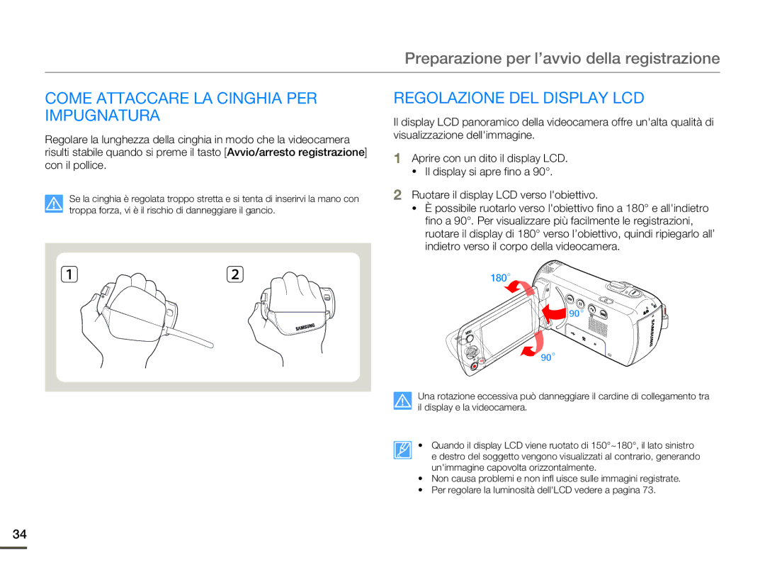 Samsung SMX-F70BP/EDC, SMX-F70SP/EDC manual Come Attaccare LA Cinghia PER Impugnatura, Regolazione DEL Display LCD 