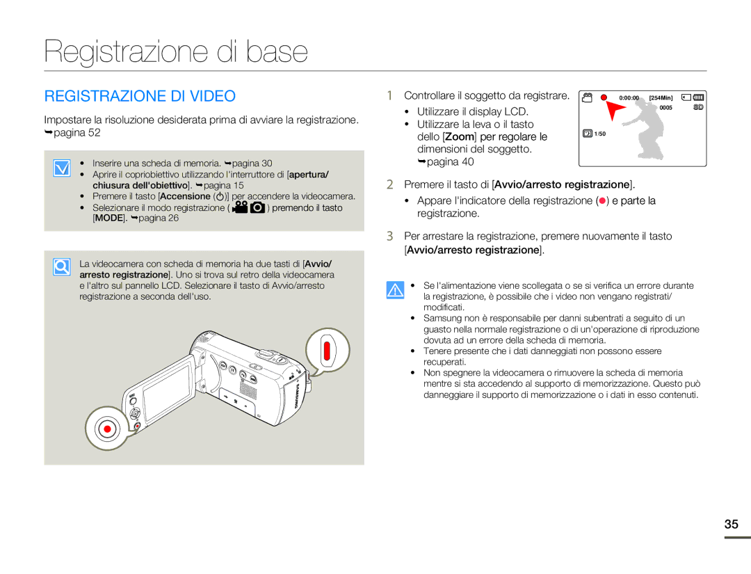 Samsung SMX-F70SP/EDC, SMX-F70BP/EDC manual Registrazione di base, Registrazione DI Video 