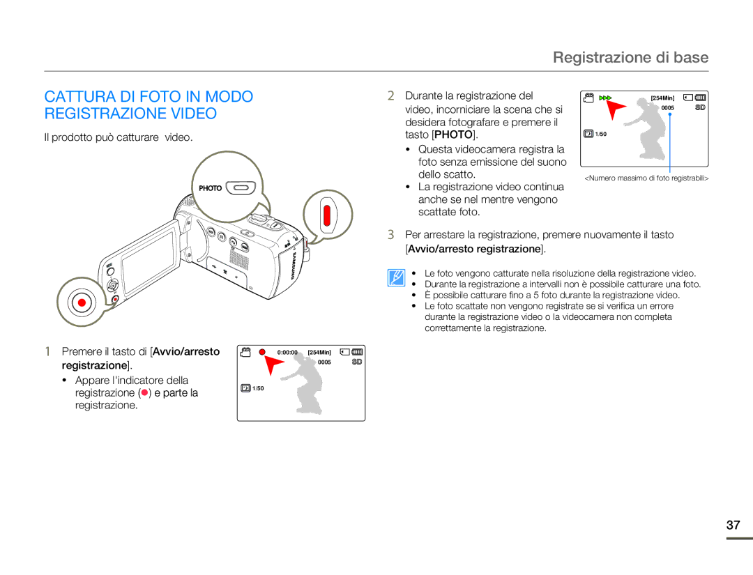 Samsung SMX-F70SP/EDC, SMX-F70BP/EDC manual Cattura DI Foto in Modo Registrazione Video 